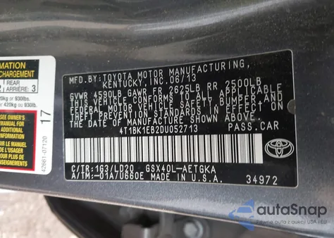 2013 Toyota Avalon Xle z USA, uszkodzony, nr VIN 4T1BK1EB2DU052713
